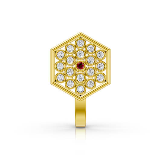 Hexagon Lab Diamond Cluster Nose Pin with Ruby Center in 14K Gold