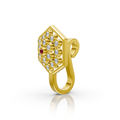 Hexagon Lab Diamond Cluster Nose Pin with Ruby Center in 14K Gold