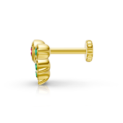 Floral Cluster Nose Pin with Ruby & Emerald Gemstones 14K Yellow Gold