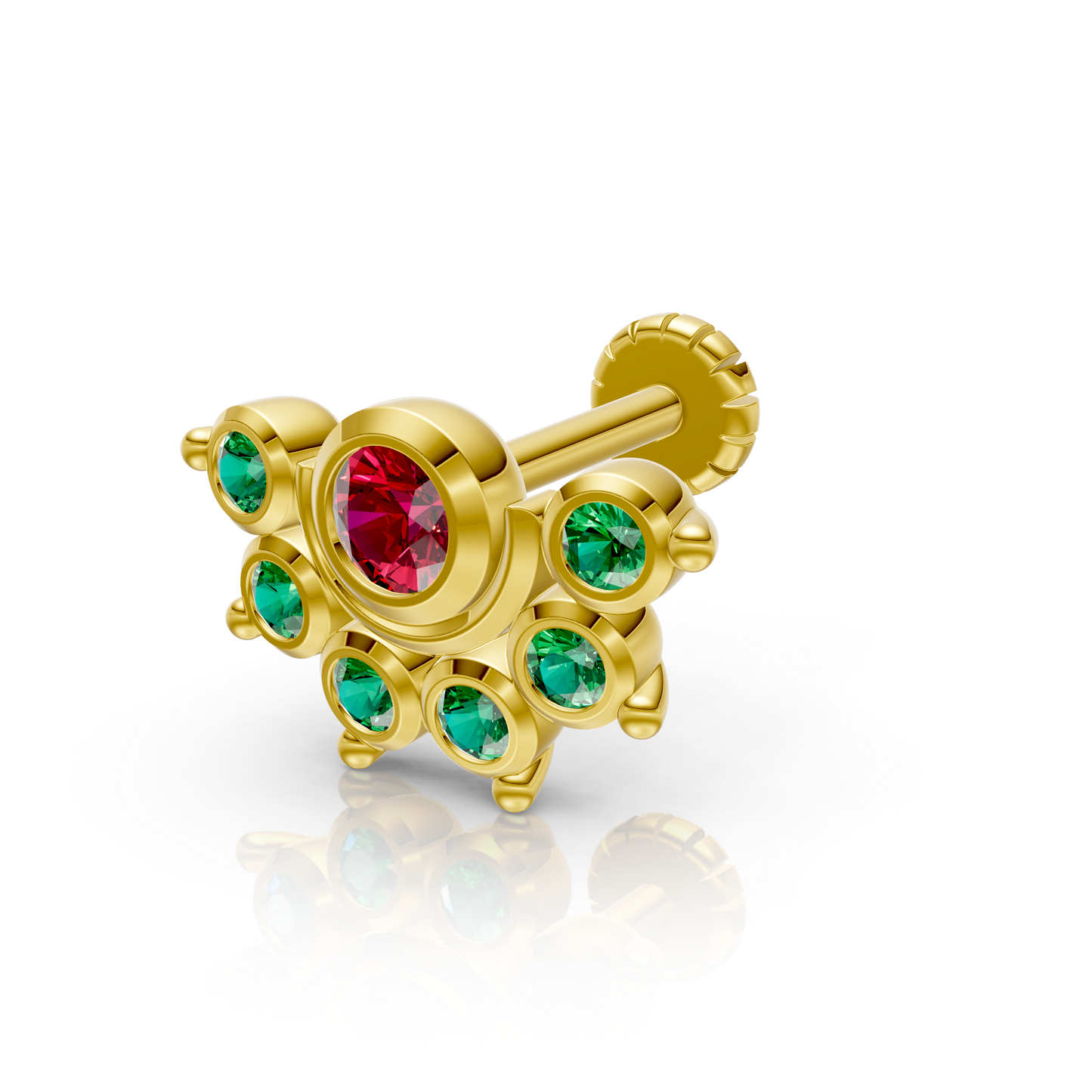 Floral Cluster Nose Pin with Ruby & Emerald Gemstones 14K Yellow Gold