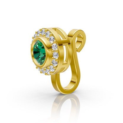 14K Yellow Gold Emerald Round Halo Nose Pin with Lab-Grown Diamonds