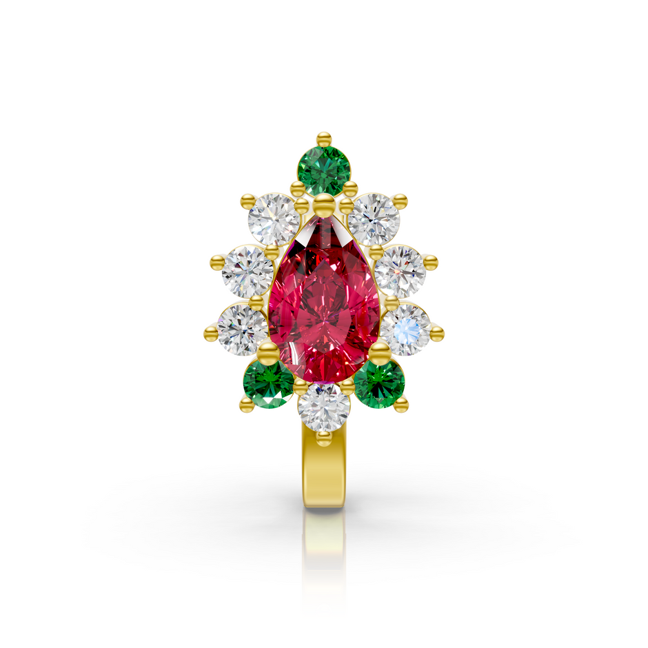 Pear-Shaped Ruby & Lab Diamond Cluster Nose Pin in 14K Yellow Gold