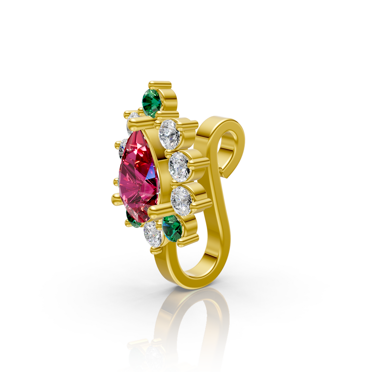 Pear-Shaped Ruby & Lab Diamond Cluster Nose Pin in 14K Yellow Gold
