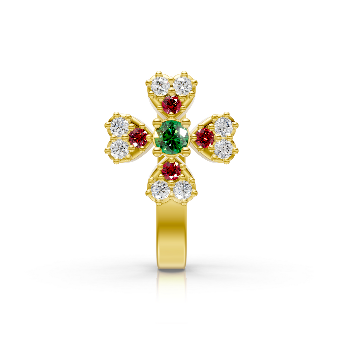 Cross Motif Gemstone & Lab Diamond Cluster Nose Pin in 14K Yellow Gold