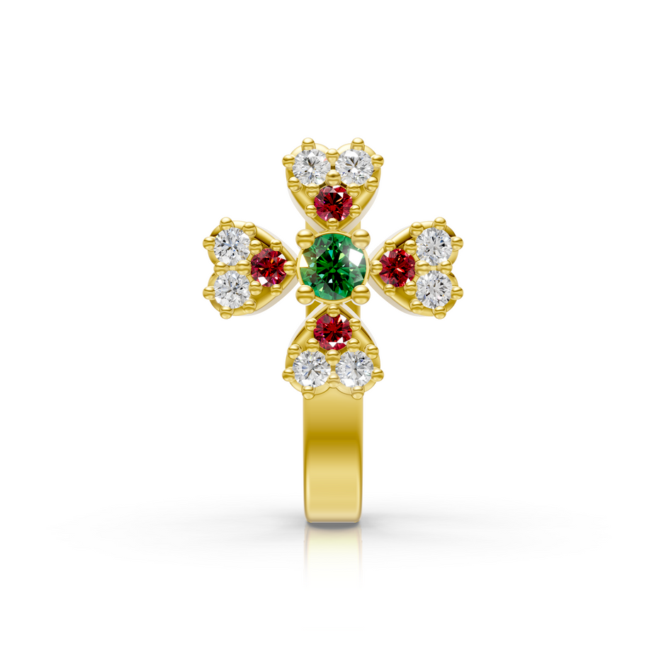 Cross Motif Gemstone & Lab Diamond Cluster Nose Pin in 14K Yellow Gold