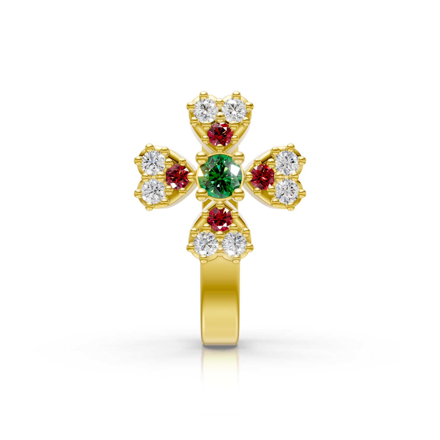 Cross Motif Gemstone & Lab Diamond Cluster Nose Pin in 14K Yellow Gold
