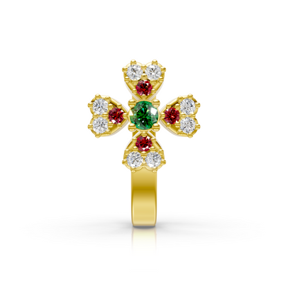 Cross Motif Gemstone & Lab Diamond Cluster Nose Pin in 14K Yellow Gold