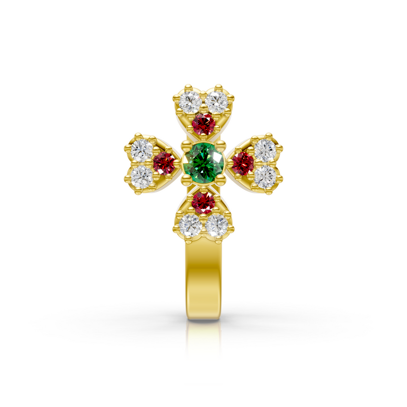 Cross Motif Gemstone & Lab Diamond Cluster Nose Pin in 14K Yellow Gold