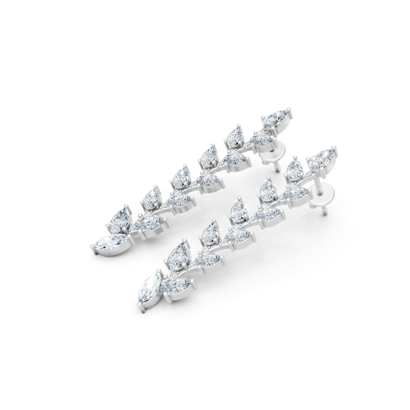 Leaf Design Long Drop Lab Diamond Earrings