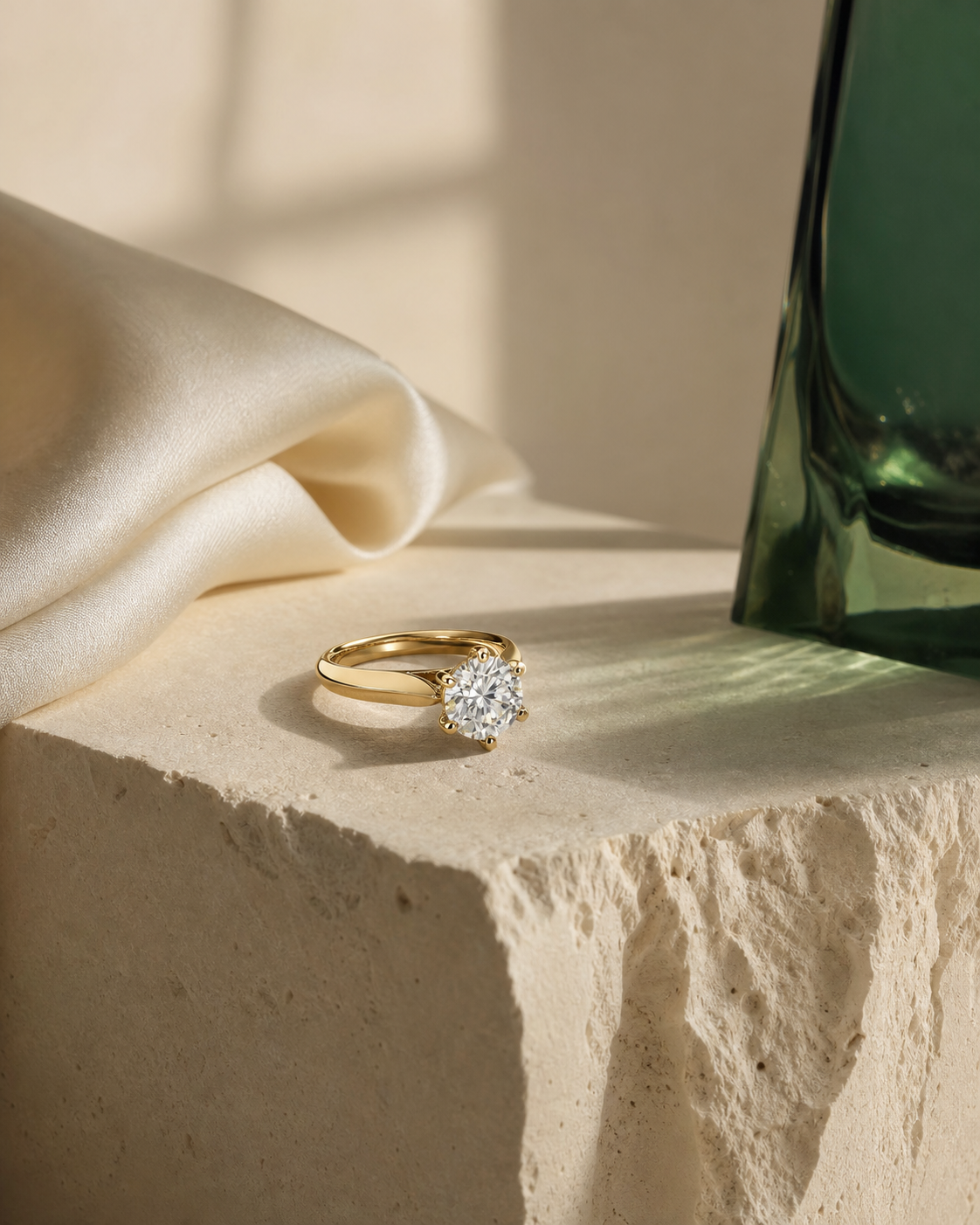 Lab-grown diamond solitaire in a responsible luxury still life